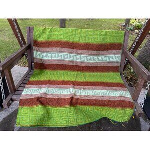 Vtg Fabric Panel Green Brown White Fretwork Pattern Stripes Jute Chenille 82x45"